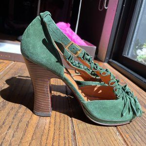 Chie Mihara T-Strap Fringe Heels Suede Green 9